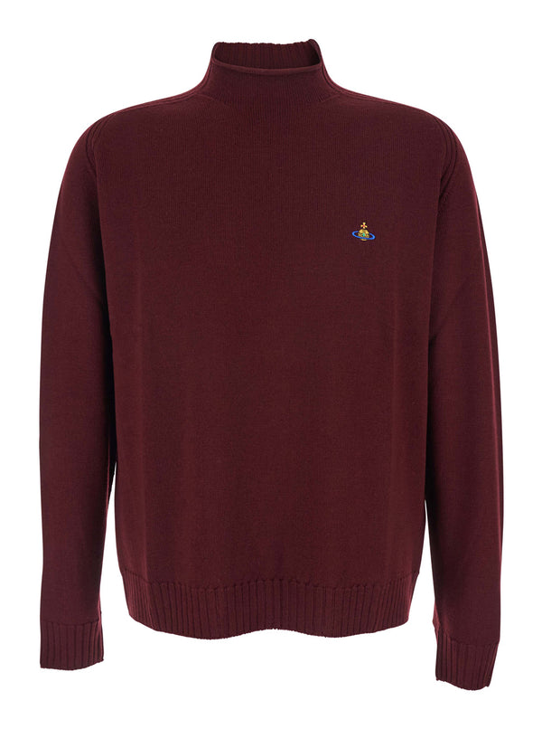 Bordeaux Turtleneck Sweater With Logo Embroidery Virgin Wool Tops