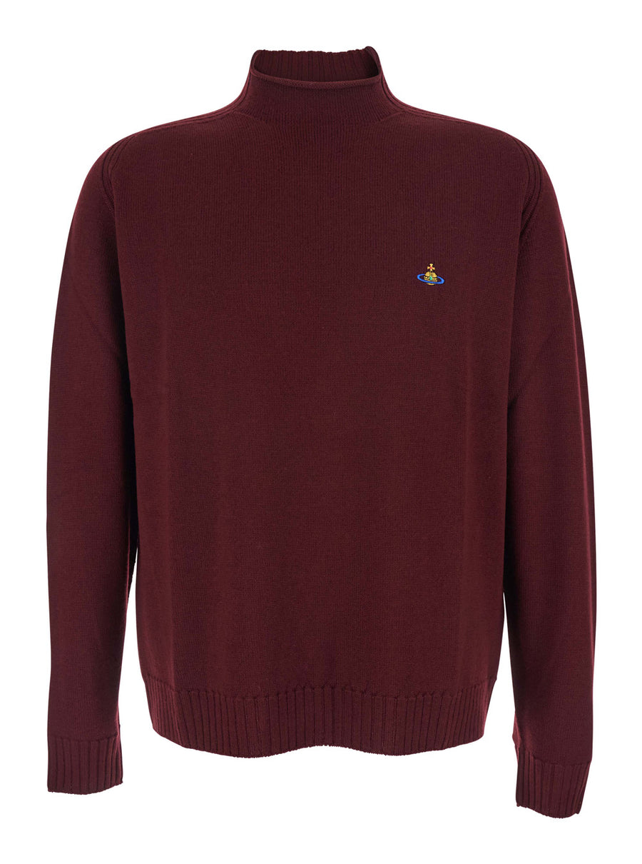 Bordeaux Turtleneck Sweater With Logo Embroidery Virgin Wool Tops