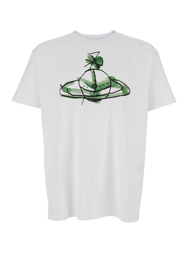 White Crew Neck T-Shirt With Orb Print Cotton T-shirts
