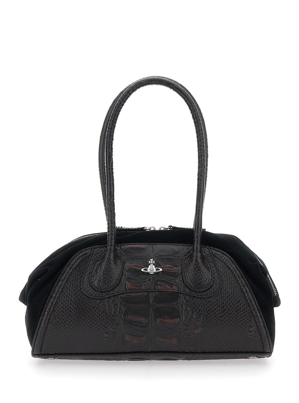 Shirley Small Brown Shoulder Bag With Two Top Handles And Orb Plate On The Front Crocodile-Effect Leather Woman Calf