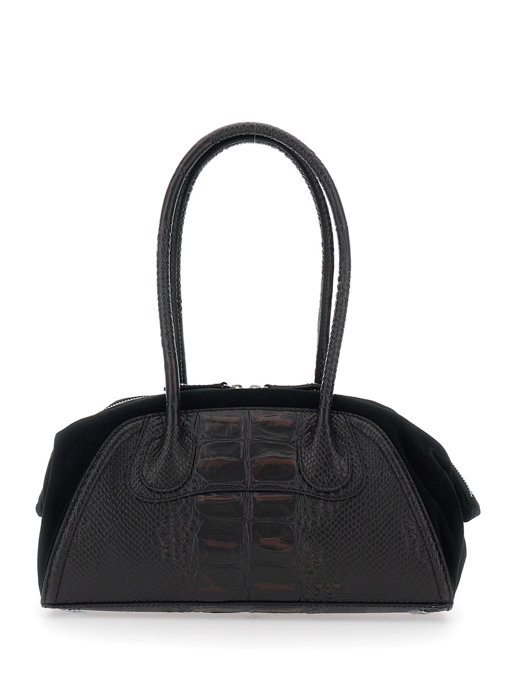 Shirley Small Brown Shoulder Bag With Two Top Handles And Orb Plate On The Front Crocodile-Effect Leather Woman Calf