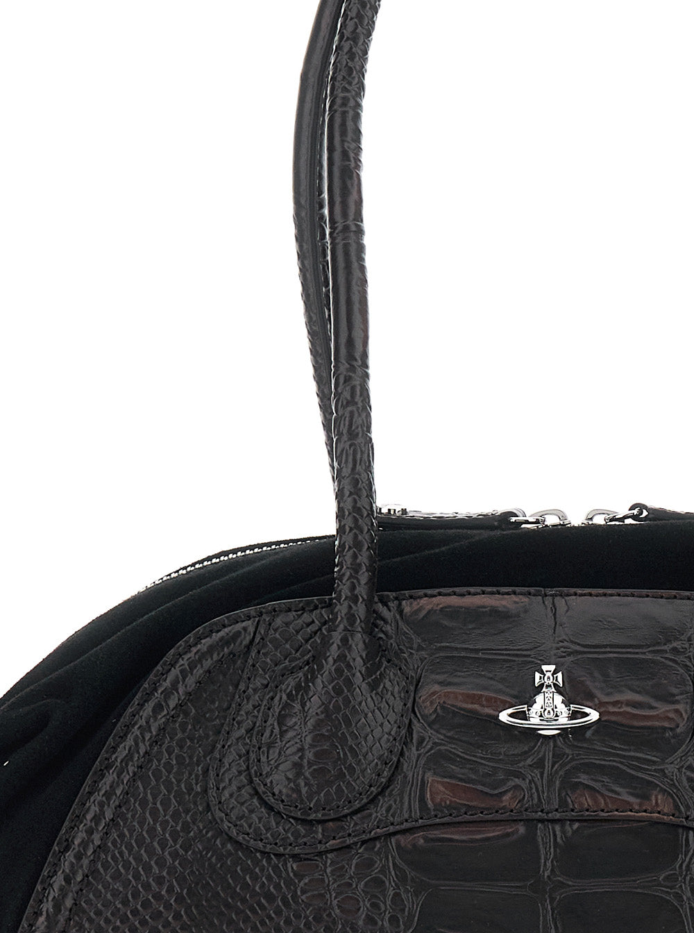 Shirley Small Brown Shoulder Bag With Two Top Handles And Orb Plate On The Front Crocodile-Effect Leather Woman Calf