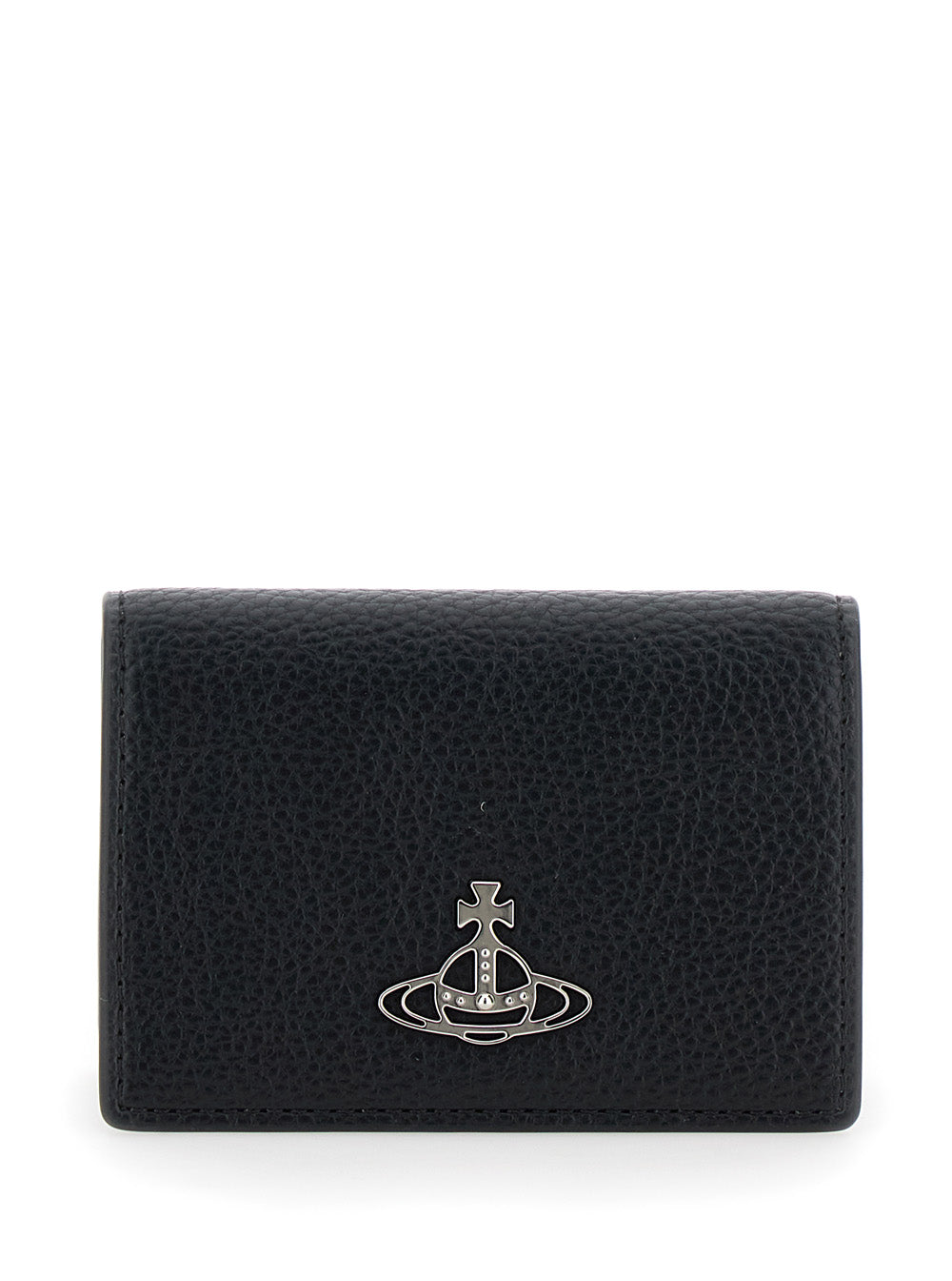 Black Bi-Fold Card Holder With Orb Detail On The Front Grained Ecoleather Woman Polyurethane Leather Products