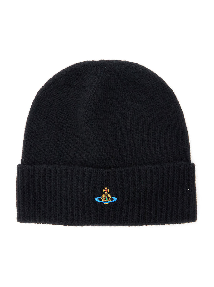 Black Cashmere Beanie With Orb Patch Hat