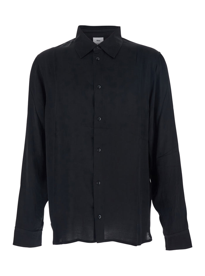 Adriel Black Shirt with Classic Collar in Viscose Blend Man Rayon And Blouses
