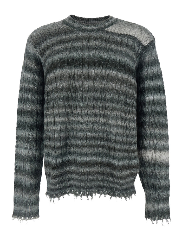 Grey Crewneck Sweater with Fringed Hem and All-Over Striped Motif in Cotton Blend Man Nylon (recycled) Jersey