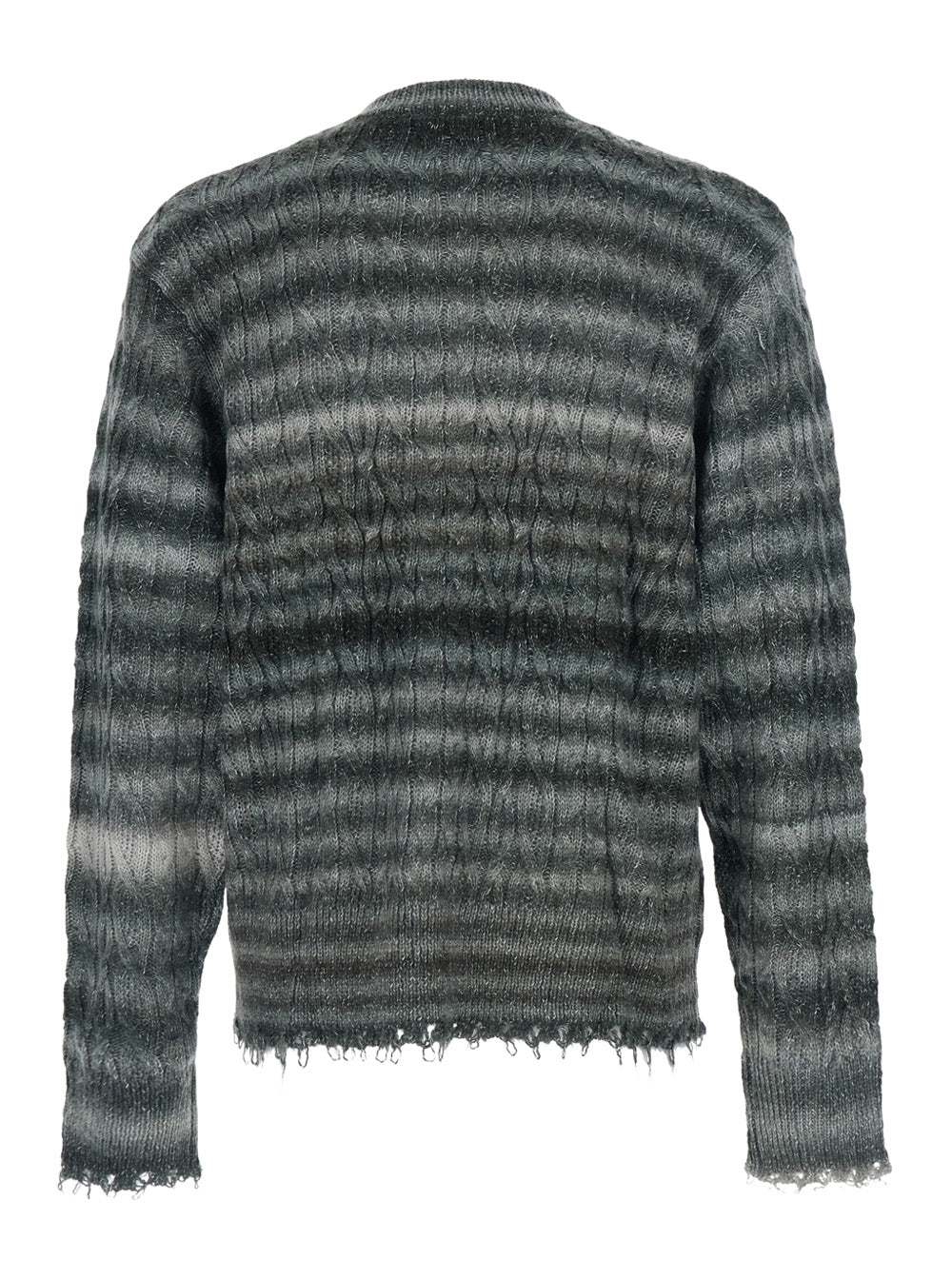 Grey Crewneck Sweater with Fringed Hem and All-Over Striped Motif in Cotton Blend Man Nylon (recycled) Jersey