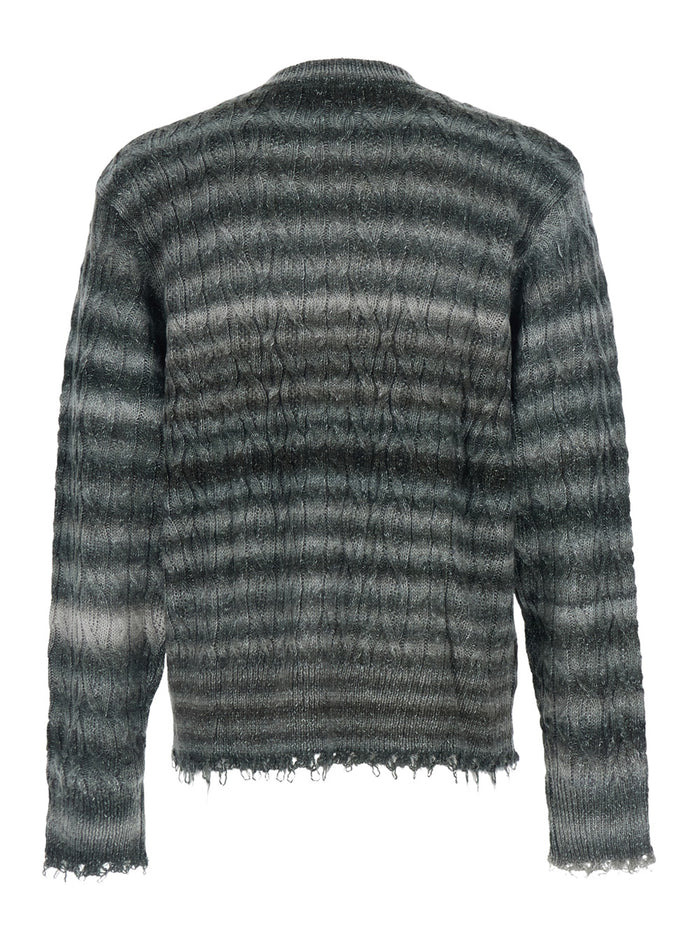 Grey Crewneck Sweater with Fringed Hem and All-Over Striped Motif in Cotton Blend Man Nylon (recycled) Jersey