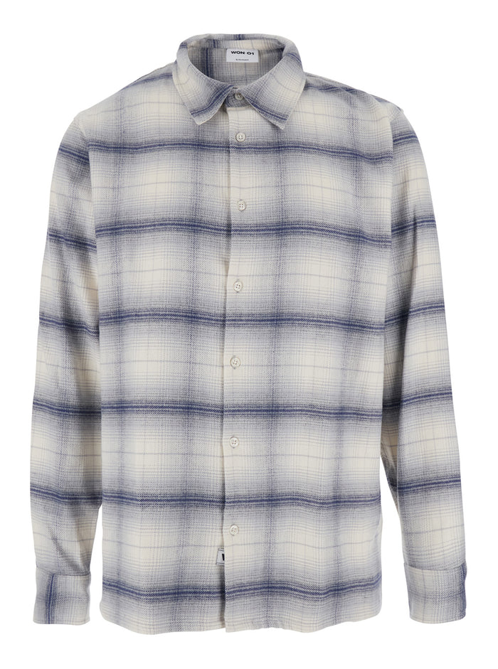 Grey Shirt with Classic Collar and All-Over Check Motif in Cotton Man Blouses