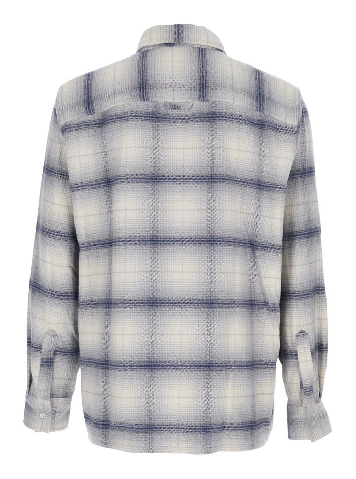 Grey Shirt with Classic Collar and All-Over Check Motif in Cotton Man Blouses