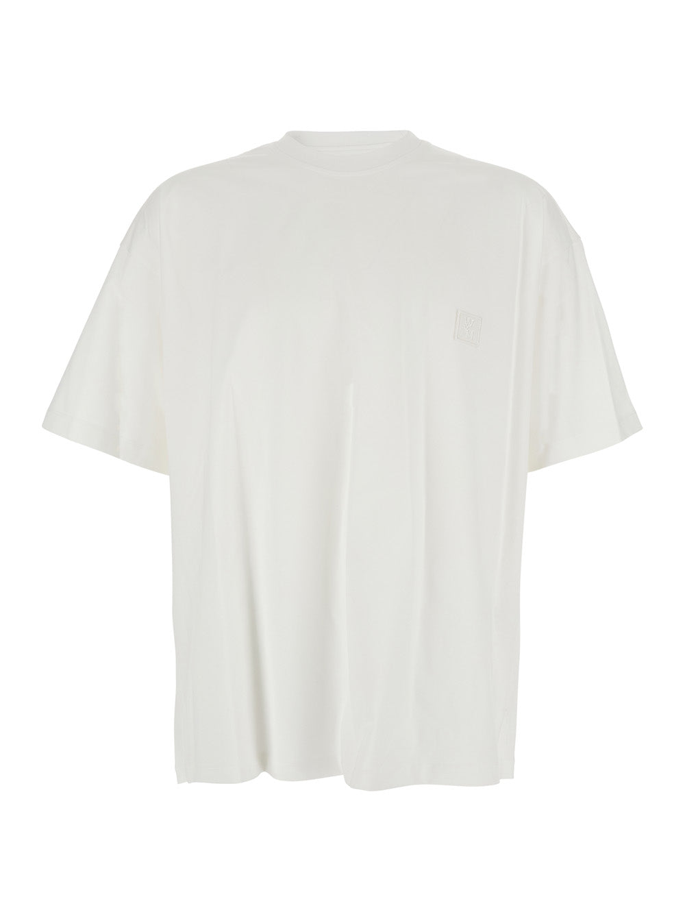 White Crewneck T-Shirt with Logo Patch on the Front and Floral Motif Rear in Cotton Man Tshirts Polo Shirts
