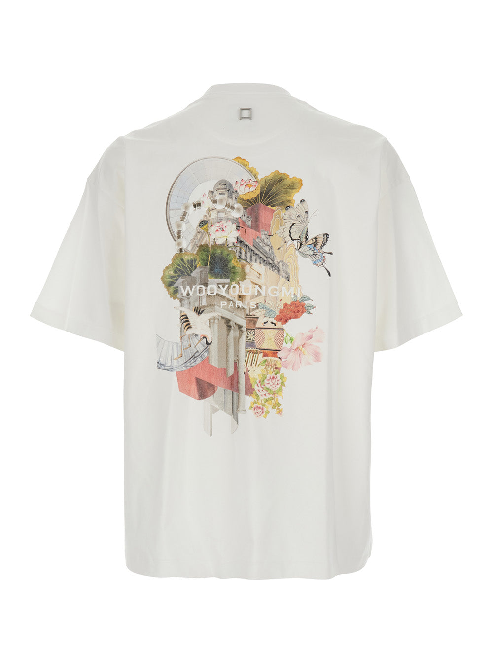 White Crewneck T-Shirt with Logo Patch on the Front and Floral Motif Rear in Cotton Man Tshirts Polo Shirts