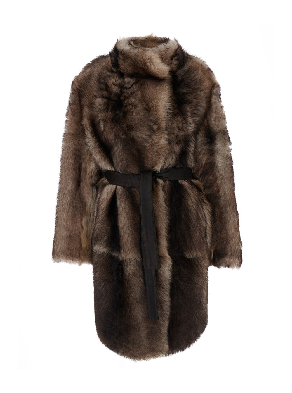 Brown Shearling Coat with High Neck and Front Belt Closure in Fur Woman Jackets Furs