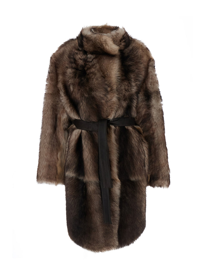 Brown Shearling Coat with High Neck and Front Belt Closure in Fur Woman Jackets Furs