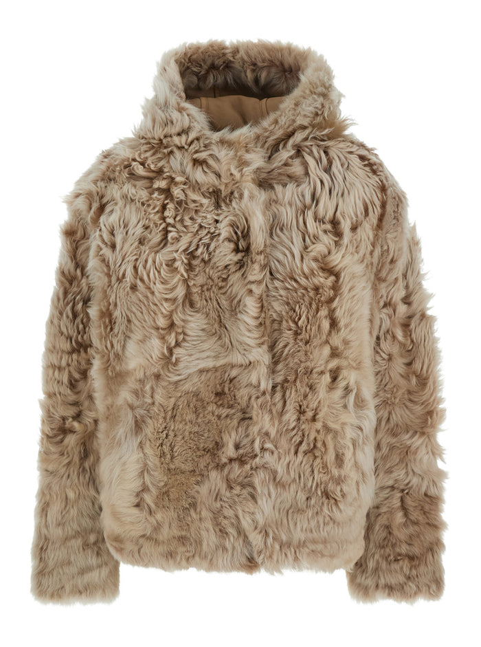 Beige Fur Coat with Fixed Hood and Hidden Fastening in Woman Shearling Jackets Furs
