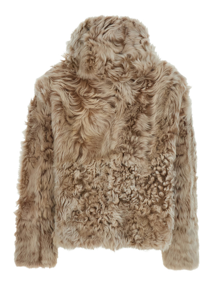 Beige Fur Coat with Fixed Hood and Hidden Fastening in Woman Shearling Jackets Furs