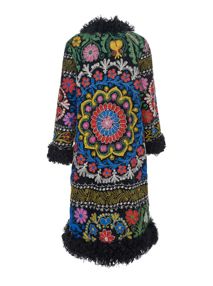 Indira Multicolor Coat With Fur Trims And All-Over Floral Motif Cotton Woman