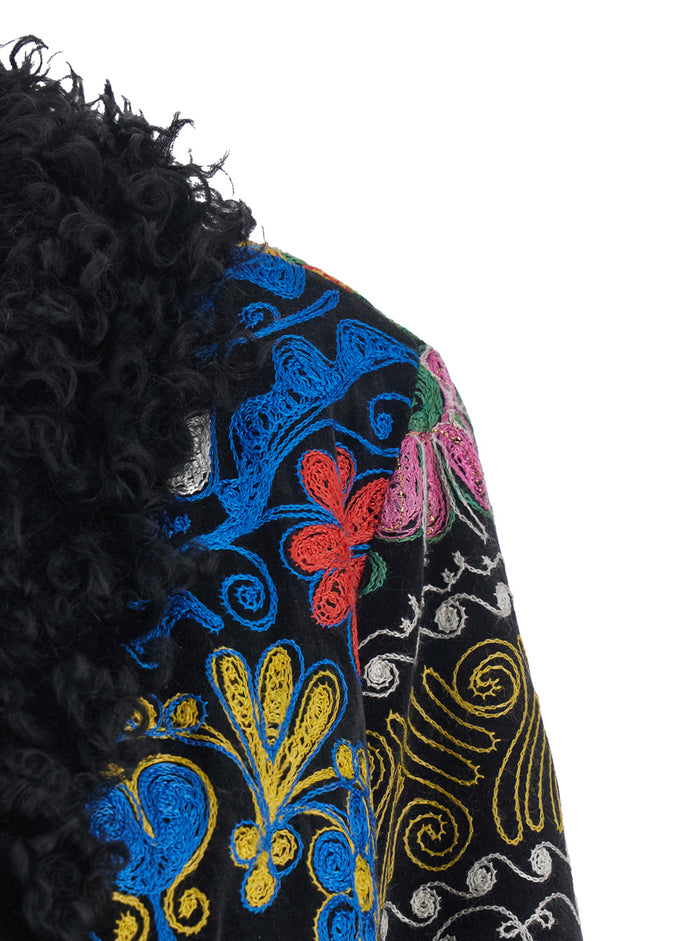 Indira Multicolor Coat With Fur Trims And All-Over Floral Motif Cotton Woman