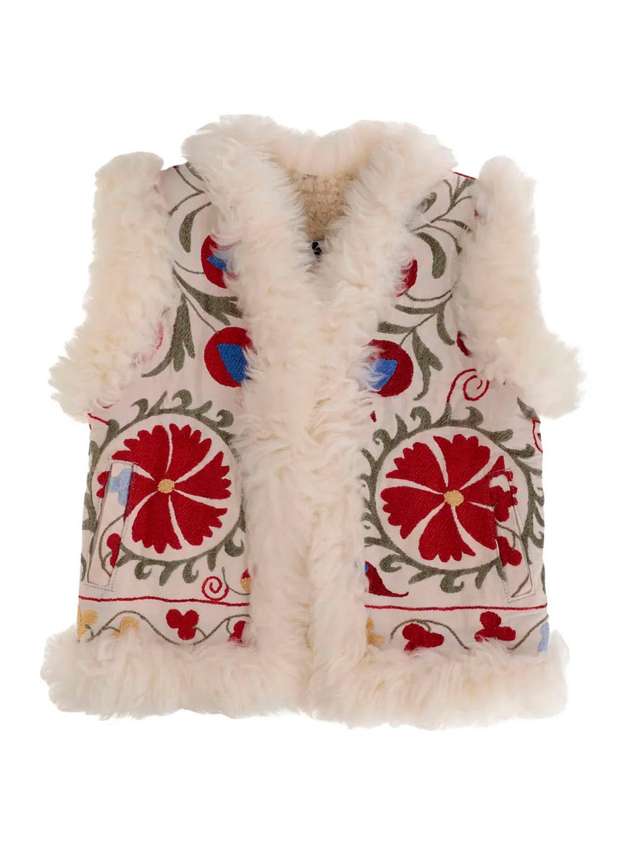 Multicolor Sleeveless Jacket With Fur Trims Cotton Coat