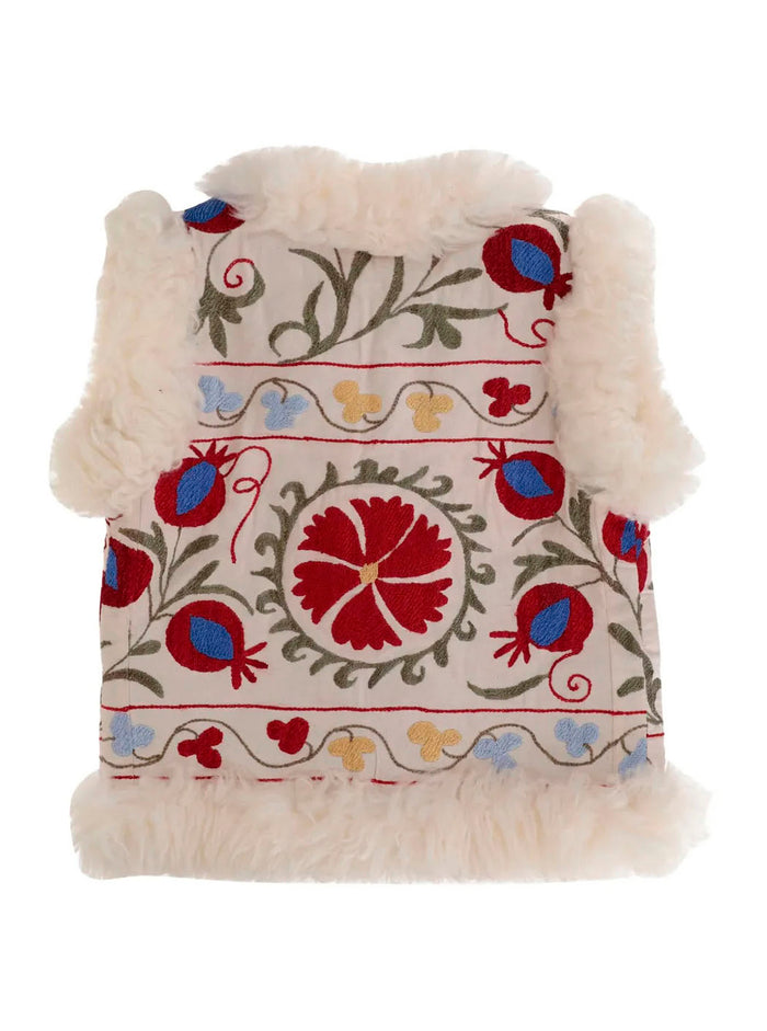 Multicolor Sleeveless Jacket with Fur Trims and All-Over Floral Motif in Cotton Woman Sheepskin Outerwear
