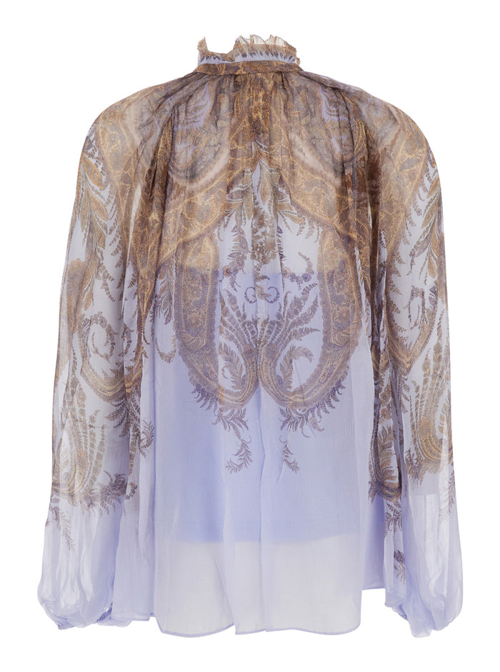 Multicolor Blouse With Ruched Collar And All-Over Paisley Motif Viscose Woman Shirts Blouses