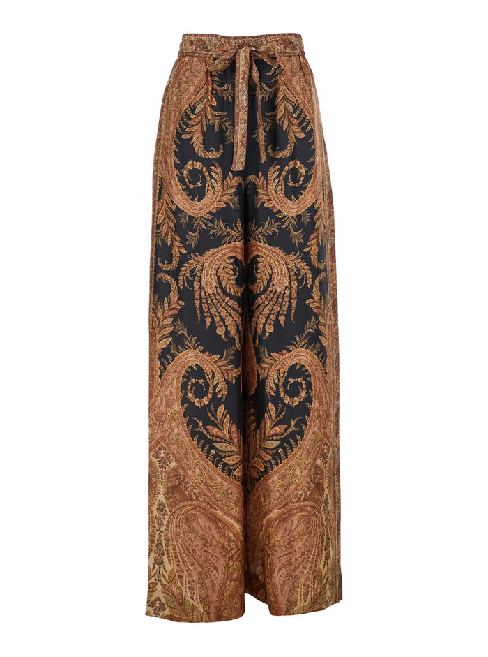 Multicolor Pants With Belt And All-Over Paisley Motif Silk Woman Trousers