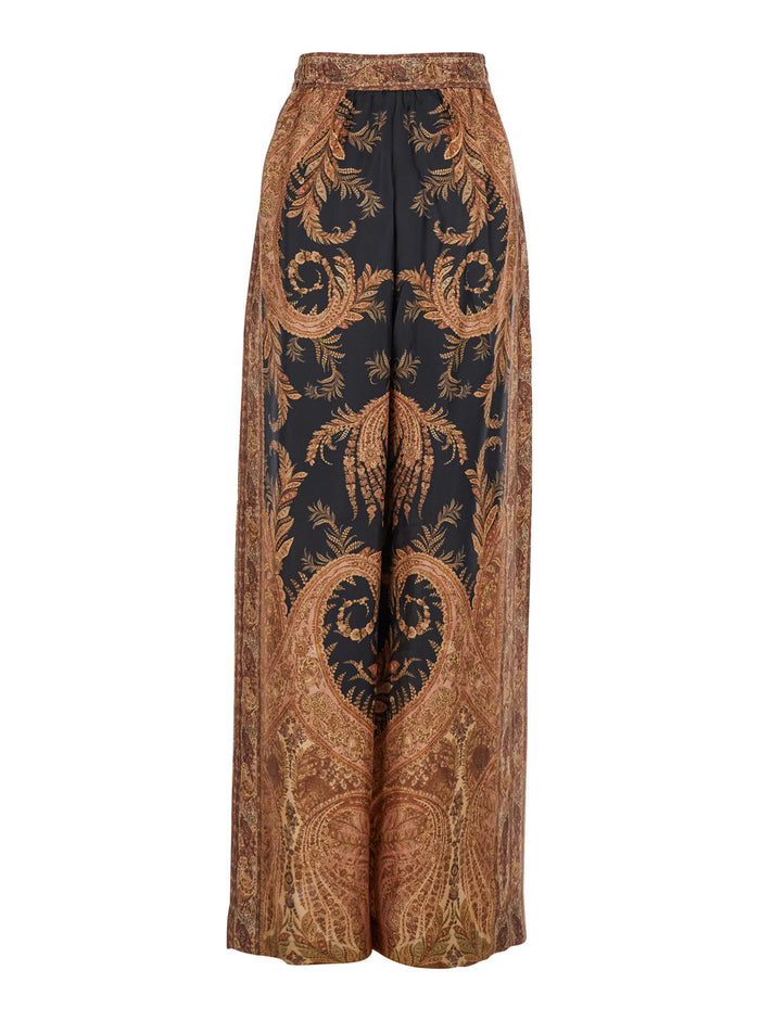 Multicolor Pants With Belt And All-Over Paisley Motif Silk Woman Trousers