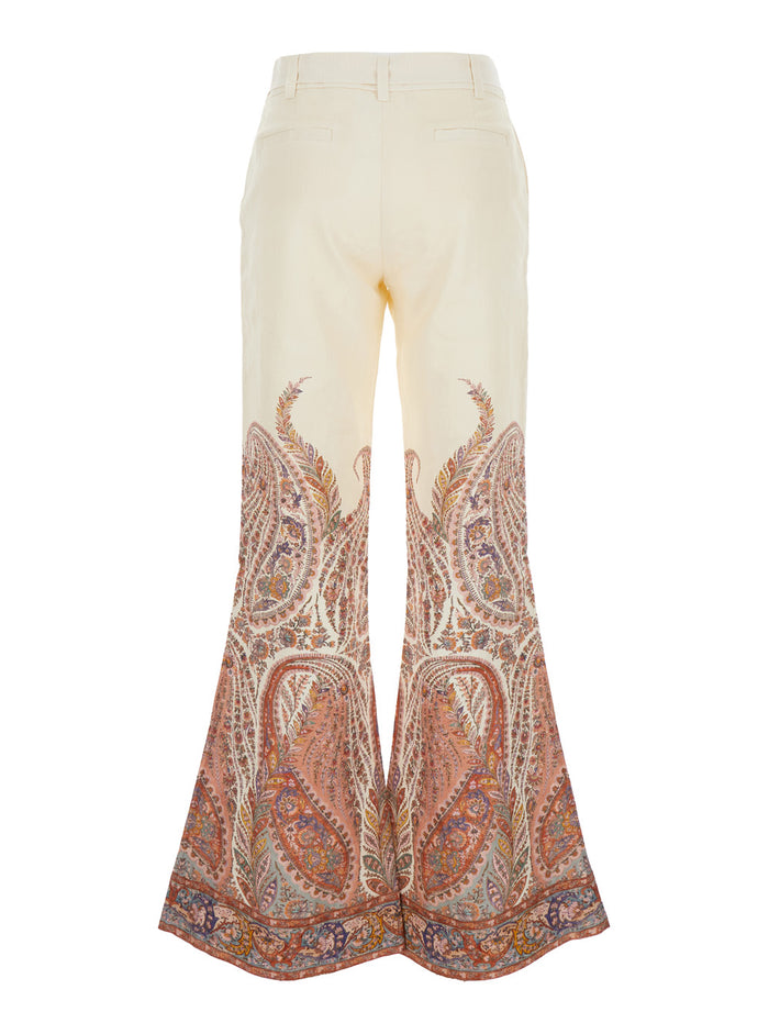 Rhiannon Multicolor Flared Pants with Drawstring Waist and Paisley Print in Cotton Woman Linen Trousers