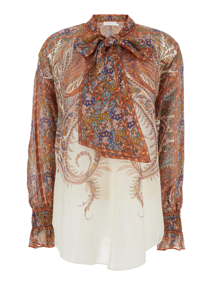 Rhiannon Multicolor Blouse With Tie Closure On The Front And Paisley Print Ramie Woman Shirts Blouses