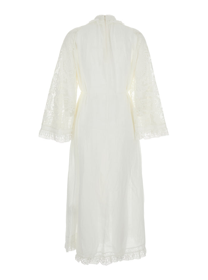 Ascension Lace Yoke White Midi Dress With Embellishment And Stand-Up Collar Ramie Woman Long