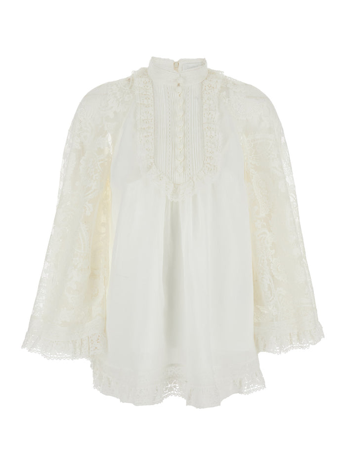 Ascension White Blouse With Lace Panels And Scallop Hem Ramie Woman Shirts Blouses