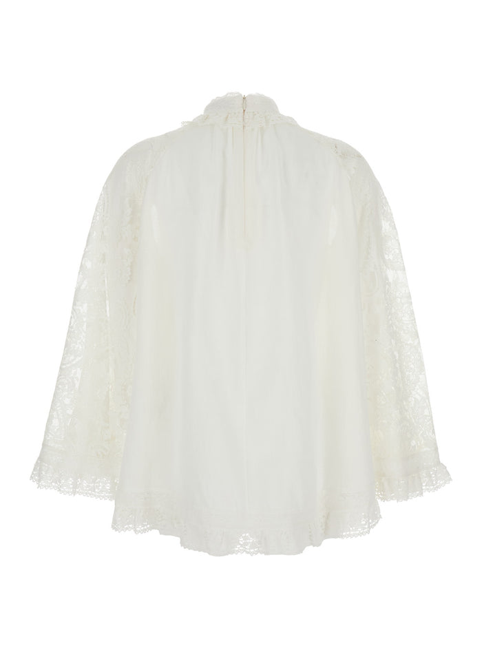 Ascension White Blouse With Lace Panels And Scallop Hem Ramie Woman Shirts Blouses