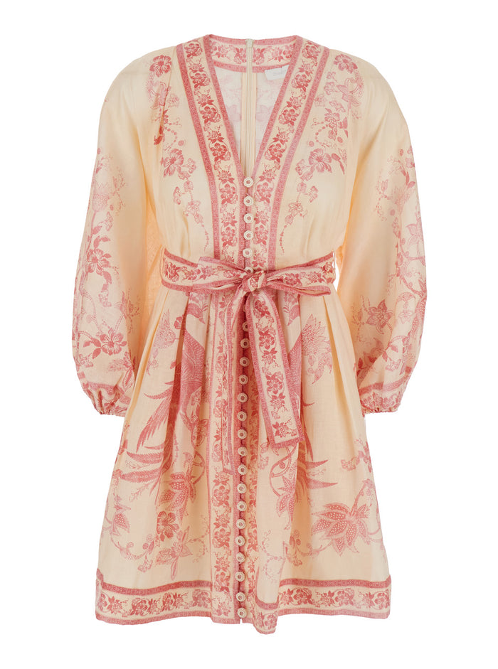 Lucky Pink Mini Dress With V Neck And All-Over Floral Print Linen Woman
