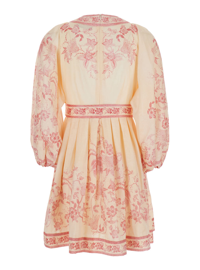 Lucky Pink Mini Dress With V Neck And All-Over Floral Print Linen Woman