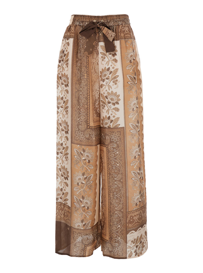 Lucky Brown Pants With Elastic Drawstring Waist And All-Over Floral Print Silk Woman Trousers