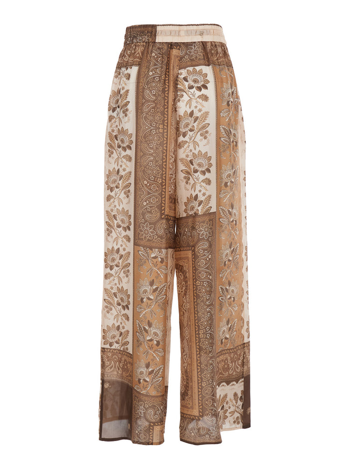 Lucky Brown Pants With Elastic Drawstring Waist And All-Over Floral Print Silk Woman Trousers