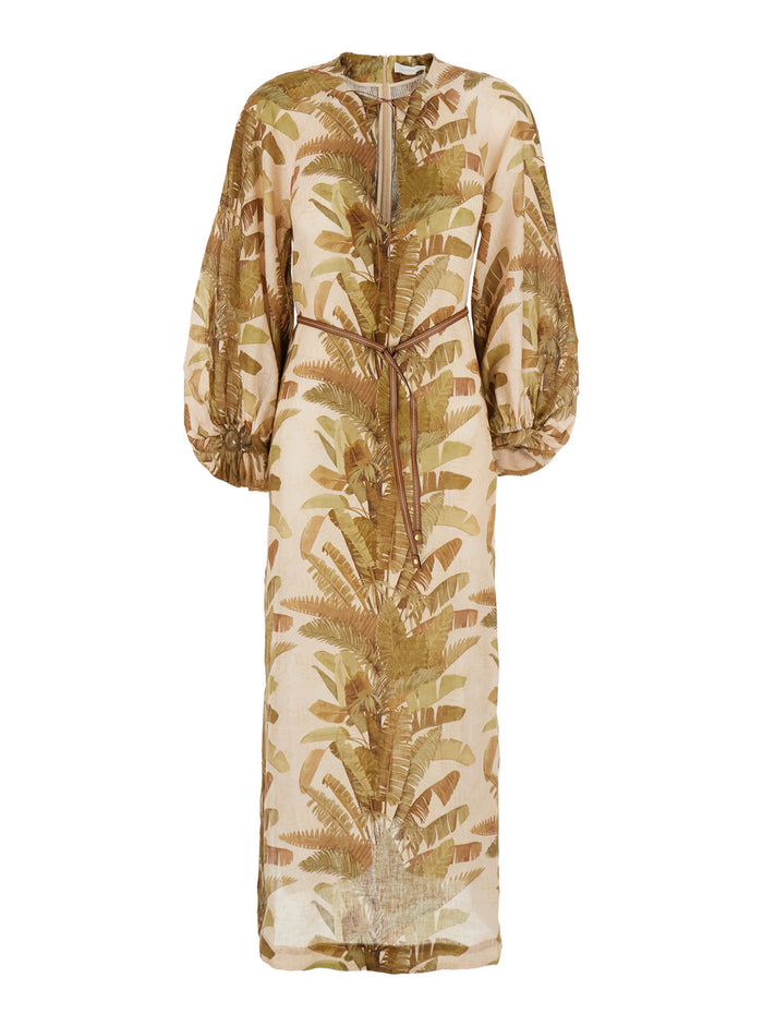 Ascension Brown Dress With Puffed Sleeves And All-Over Palm Print Linen Woman Long