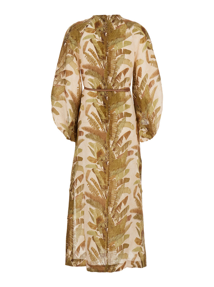 Ascension Brown Dress With Puffed Sleeves And All-Over Palm Print Linen Woman Long