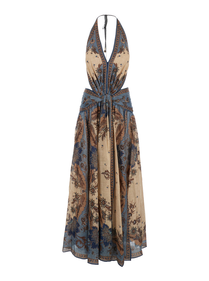 Ascension Multicolor Sleeveless Long Dress With Halterneck And All-Over Print Cotton Woman