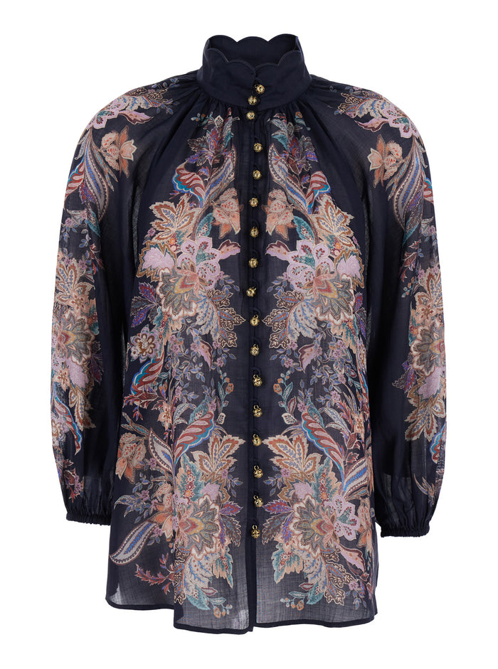 Rhiannon Billow Blue Blouse With High Neck And All-Over Paisley Print Ramie Woman Shirts Blouses