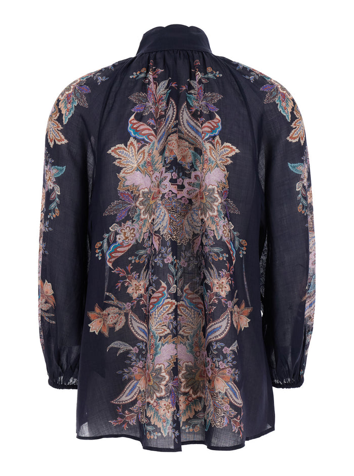 Rhiannon Billow Blue Blouse With High Neck And All-Over Paisley Print Ramie Woman Shirts Blouses