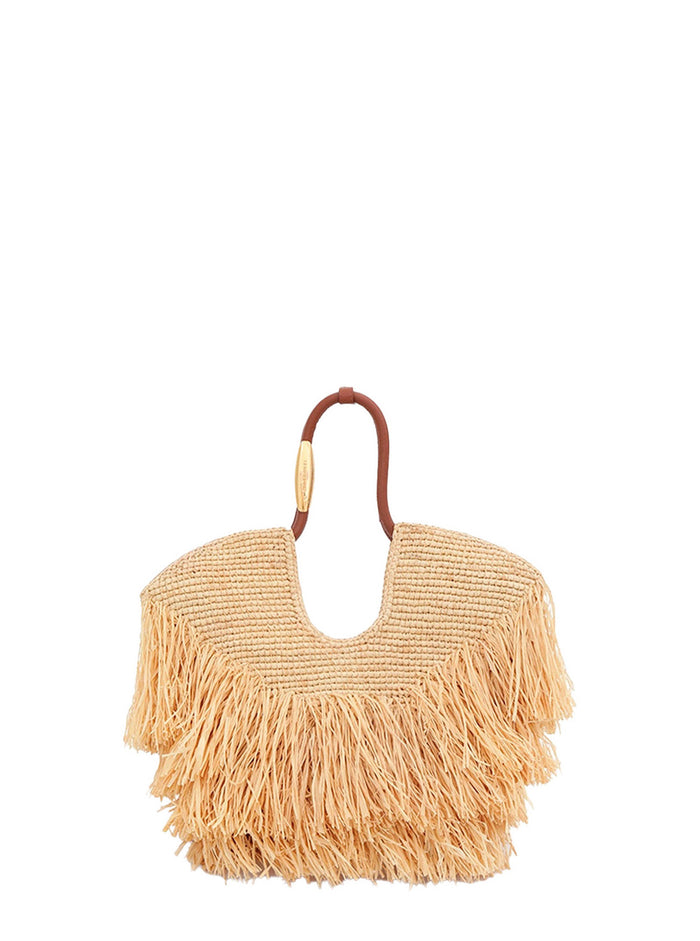 Goldentime Beoge Shoulder Bag With Adjustable And Removable Strap Fringed Details Raffia Woman Beige