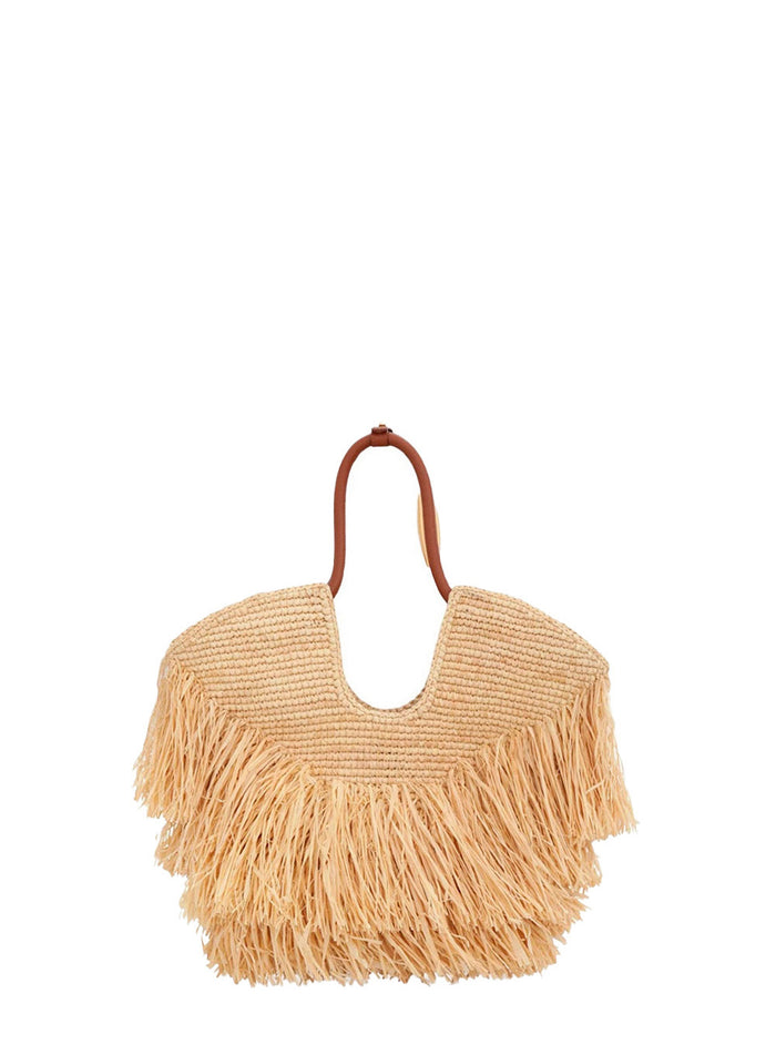 Goldentime Beoge Shoulder Bag With Adjustable And Removable Strap Fringed Details Raffia Woman Beige