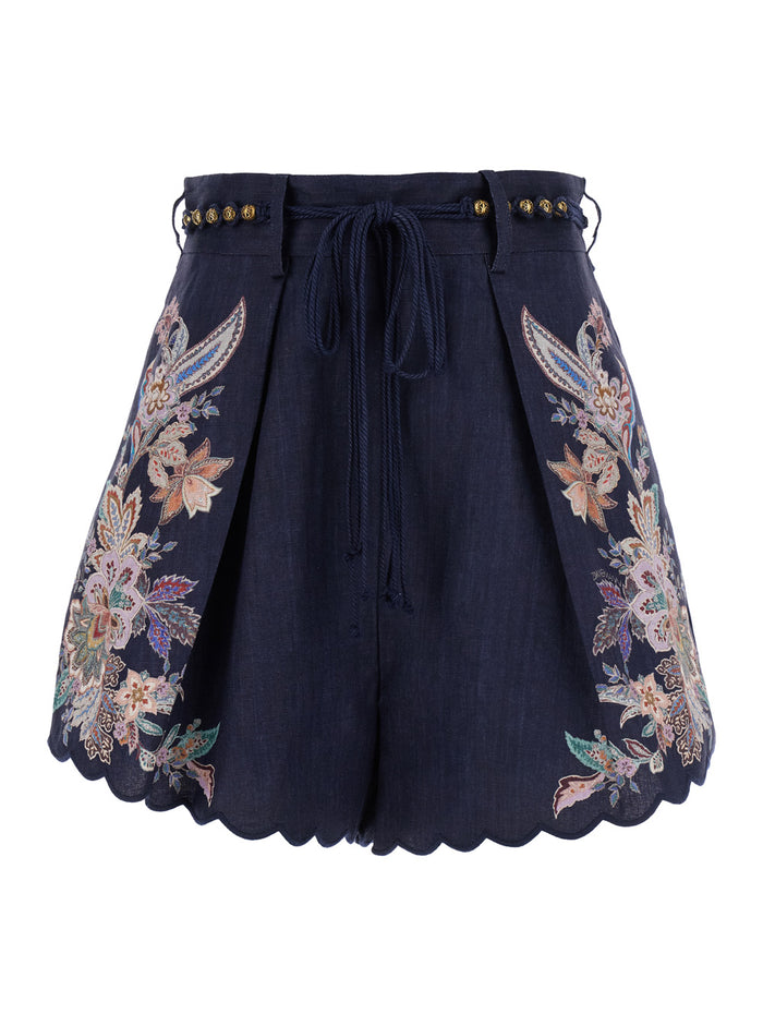 Rhiannon Blue Shorts With Removable Belt And Floral Embroidery On The Side Linen Woman Bermuda