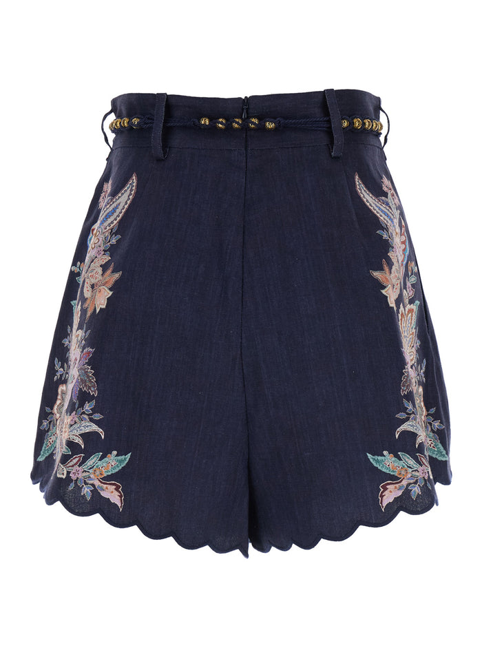 Rhiannon Blue Shorts With Removable Belt And Floral Embroidery On The Side Linen Woman Bermuda
