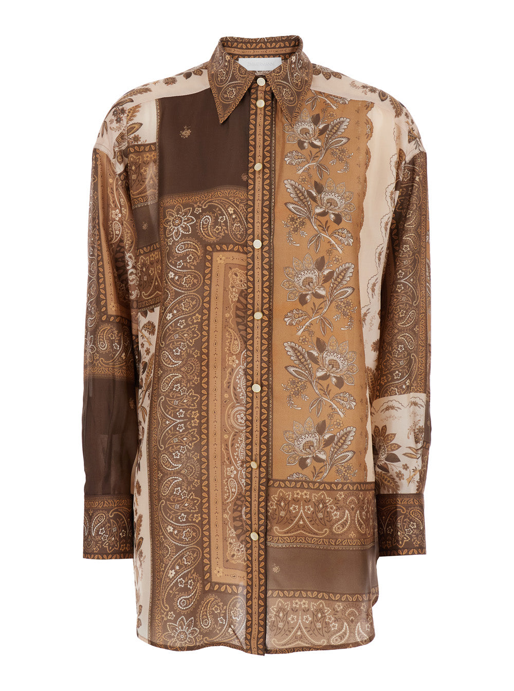 Lucky Brown Shirt With Classic Collar And All-Over Floral Print Silk Woman Blouses
