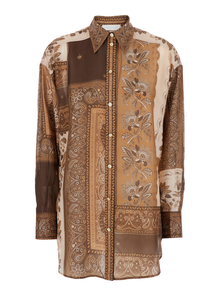 Lucky Brown Shirt With Classic Collar And All-Over Floral Print Silk Woman Blouses