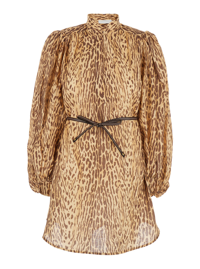 Cascadian Beige Tunic Dress With Stand-Up Collar And All-Over Leopard Print Linen Woman
