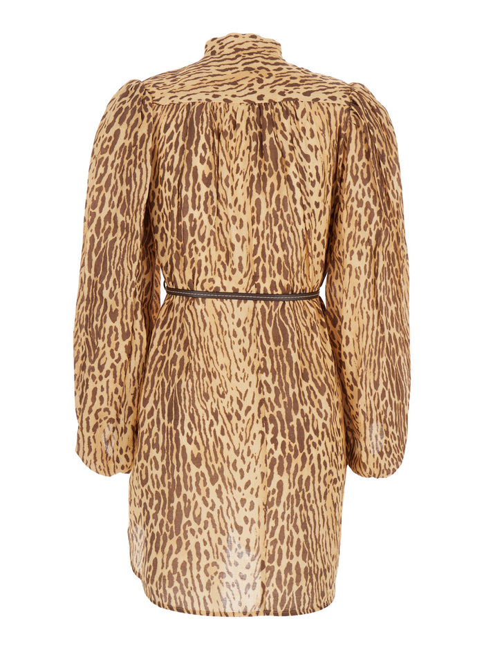 Cascadian Beige Tunic Dress With Stand-Up Collar And All-Over Leopard Print Linen Woman