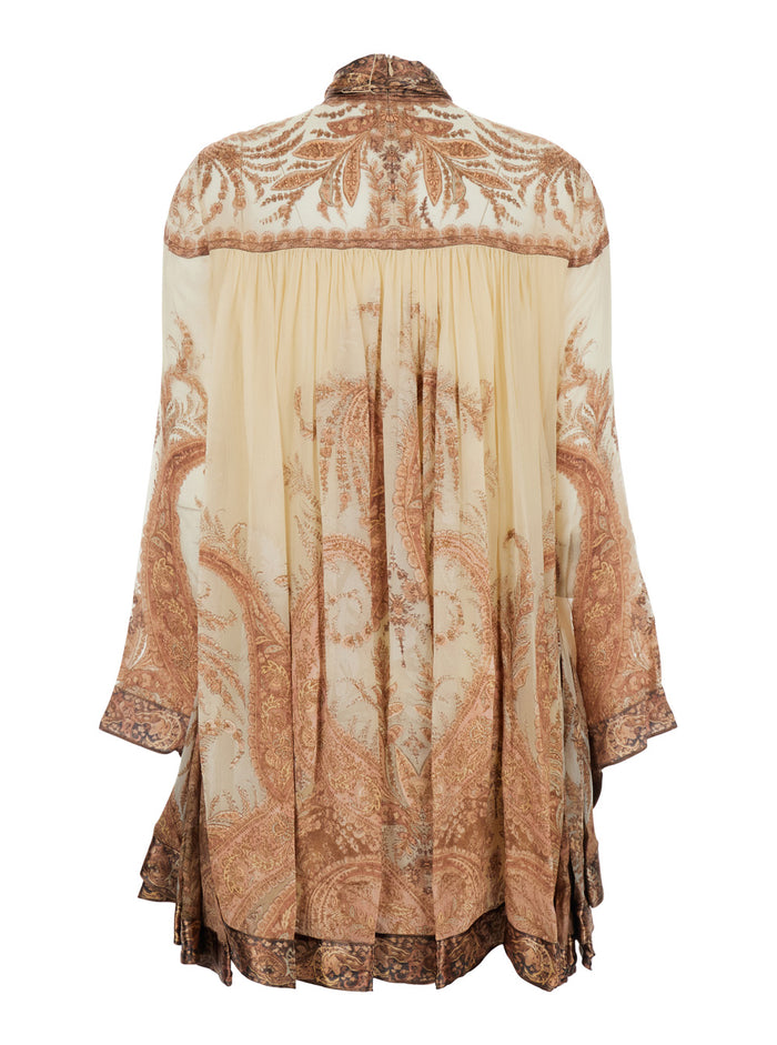 Hypnotic Multicolor Mini Dress with Pussybow Collar and All-Over Paisley Print in Silk Blend Woman Viscose